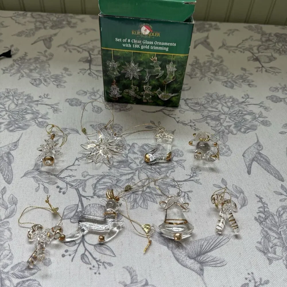 Vtg Kurt Adler Clear Glass 18kt Gold Christmas Tree Ornaments 8 Count Teddy Bell